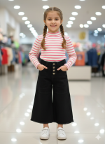 Girls' Black Wide-Leg Culotte Jeans with High-Waist Button Front