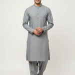 Men’s Premium Steel Grey Kurta Shalwar Set – Designer Mandarin Collar Suit