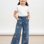 Girls' Heart-Embroidered Wide-Leg Denim Jeans