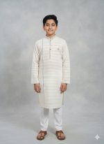Boys' Off-White Printed Kurta with Blue Accent Stripe - Image 3