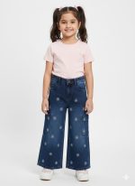 Girls' Floral Embroidered Wide-Leg Cargo Jeans - Dark Wash
