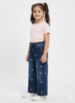 Girls' Floral Embroidered Wide-Leg Cargo Jeans - Dark Wash - Image 2