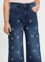 Girls' Floral Embroidered Wide-Leg Cargo Jeans - Dark Wash - Image 3