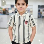 Boys’ Off-White Quarter-Zip Polo with Vertical Textured Stripes