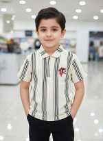Boys’ Off-White Quarter-Zip Polo with Vertical Textured Stripes