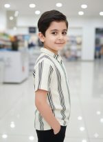 Boys’ Off-White Quarter-Zip Polo with Vertical Textured Stripes - Image 2