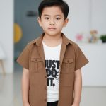 Boys Casual Double Shirt Layered Set: Brown Textured Over-Shirt & Graphic Tee