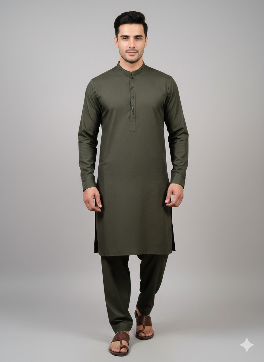 1772294272146 Men’s Deep Olive Green Shalwar Kameez – Premium Cotton Wash & Wear - Image 1