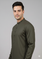 Men’s Deep Olive Green Shalwar Kameez – Premium Cotton Wash & Wear - Image 3