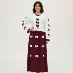 Burgundy & White Bow-Accent Modest Maxi Dress