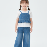 Girls' 3-Piece Heart Print Denim Set – Peplum Cami Top & Wide Leg Jeans