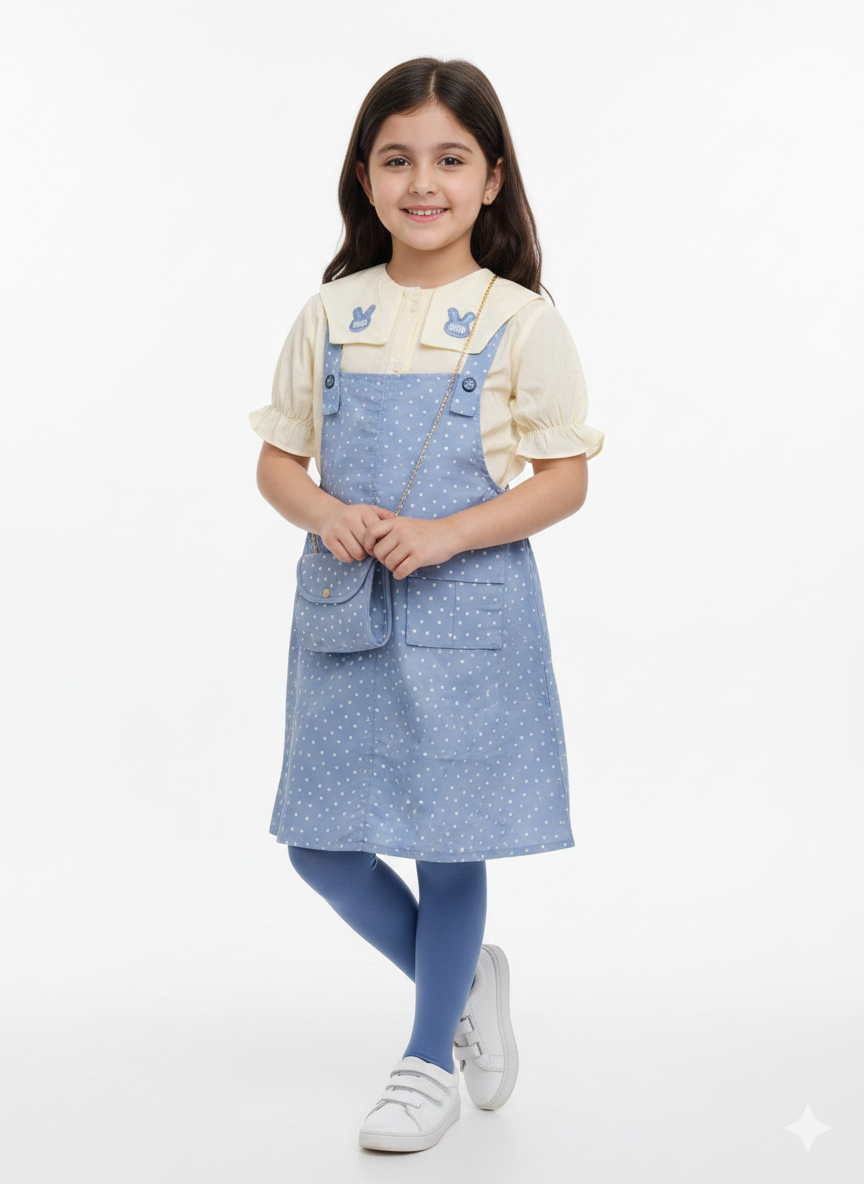 Girls' 2-Piece Polka Dot Pinafore Dress Set with Bunny Collar Blouse & Matching Purse – Blue/Cream Girls' 2-Piece Polka Dot Pinafore Dress Set with Bunny Collar Blouse & Matching Purse – Blue/Cream - Image 1