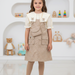 Girls’ 2-Piece Bunny Pinafore Set – Polka Dot Overall Dress with Peter Pan Collar Blouse & Matching Purse