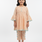 Girls' Peach Cotton Embroidered Kurta & Trouser Set with Bell Sleeves – 2-Piece Festive Outfit