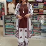 Women’s 3-Piece Floral Print Kimono Set – Modest Boho Cardigan, Ribbed Tunic & Wide-Leg Pants (Chocolate & White)