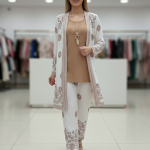 Elegant 3-Piece Embroidered Kimono Set – Floral Longline Cardigan, Ribbed Top & Trousers in Cream & Tan