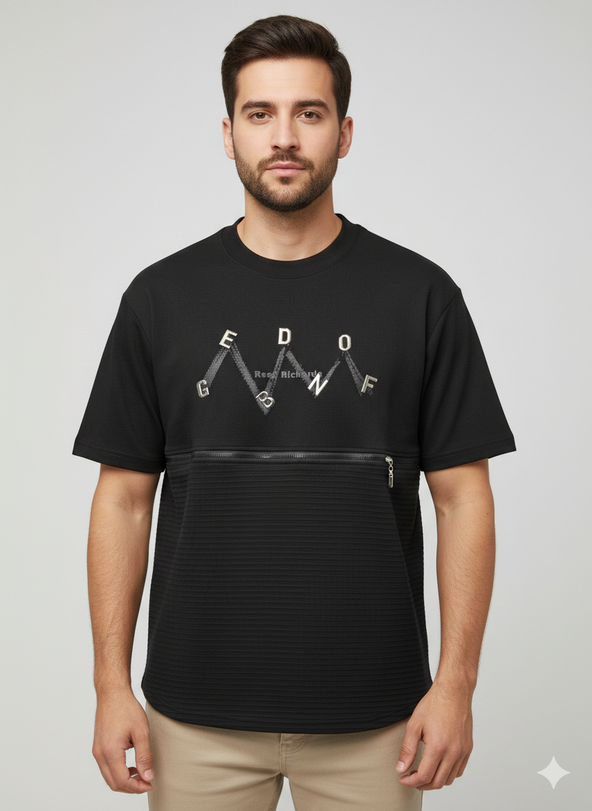 Men's Black Techwear Graphic T-Shirt – Urban Streetwear Zip-Front Ribbed Tee Men's Black Techwear Graphic T-Shirt – Urban Streetwear Zip-Front Ribbed Tee - Image 1