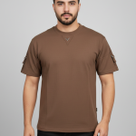 Premium Men's Brown Textured Cargo T-Shirt - Utility Sleeve Pockets & V-Stitch Detail