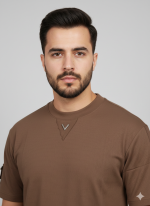 Premium Men's Brown Textured Cargo T-Shirt - Utility Sleeve Pockets & V-Stitch Detail - Image 2