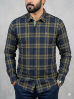 Men’s Navy Blue and Olive Green Plaid Flannel Shirt – Casual Button-Down Slim Fit