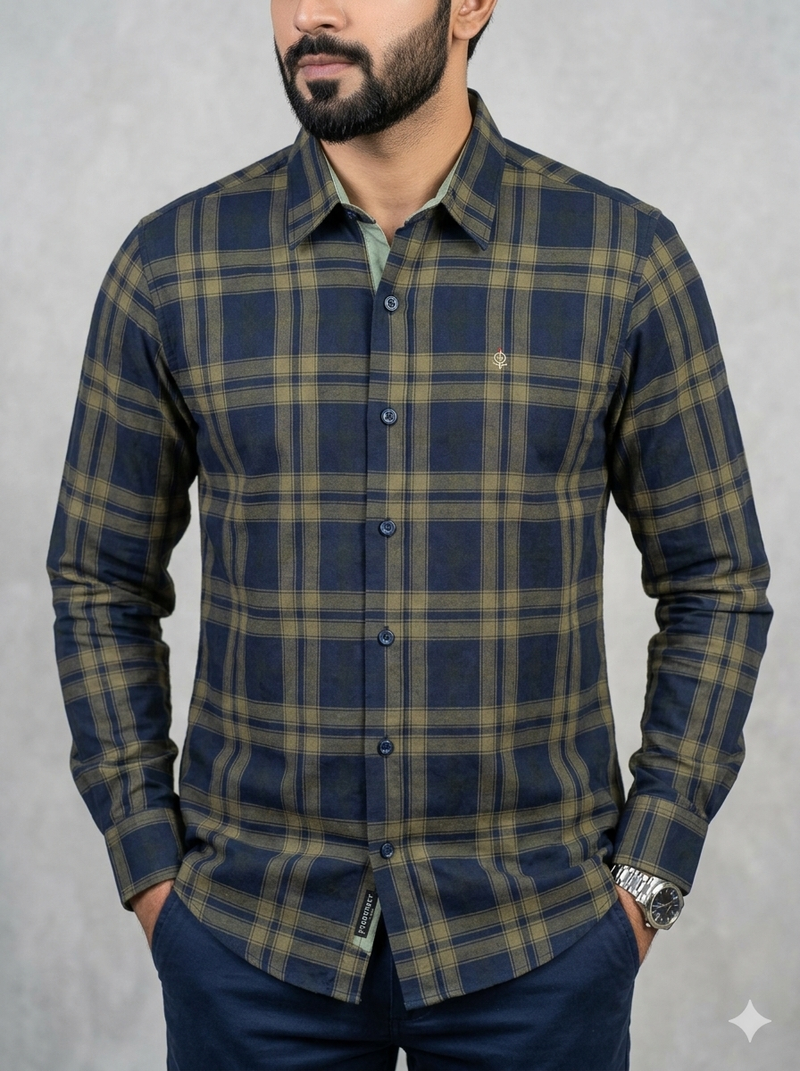 Men’s Navy Blue and Olive Green Plaid Flannel Shirt – Casual Button-Down Slim Fit Men’s Navy Blue and Olive Green Plaid Flannel Shirt – Casual Button-Down Slim Fit - Image 1