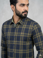 Men’s Navy Blue and Olive Green Plaid Flannel Shirt – Casual Button-Down Slim Fit - Image 2