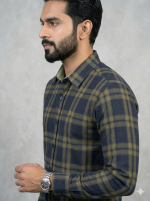 Men’s Navy Blue and Olive Green Plaid Flannel Shirt – Casual Button-Down Slim Fit - Image 3
