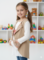 Girls’ Floral Accent Longline Vest - Chic Khaki Sleeveless Cardigan with Rose Print Lapels - Image 2