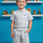 "Charming White Short Sleeve Button-Down Set with Unique Monogrammed Texture - Stylish Toddler Outfit"