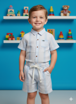 "Charming White Short Sleeve Button-Down Set with Unique Monogrammed Texture - Stylish Toddler Outfit"