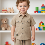 Boys' Textured Khaki Safari Shirt and Shorts Set – Premium 2-Piece Summer Outfit