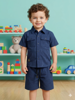 Boys' Navy Blue Embossed Safari Set – Premium 2-Piece Textured Shirt & Shorts