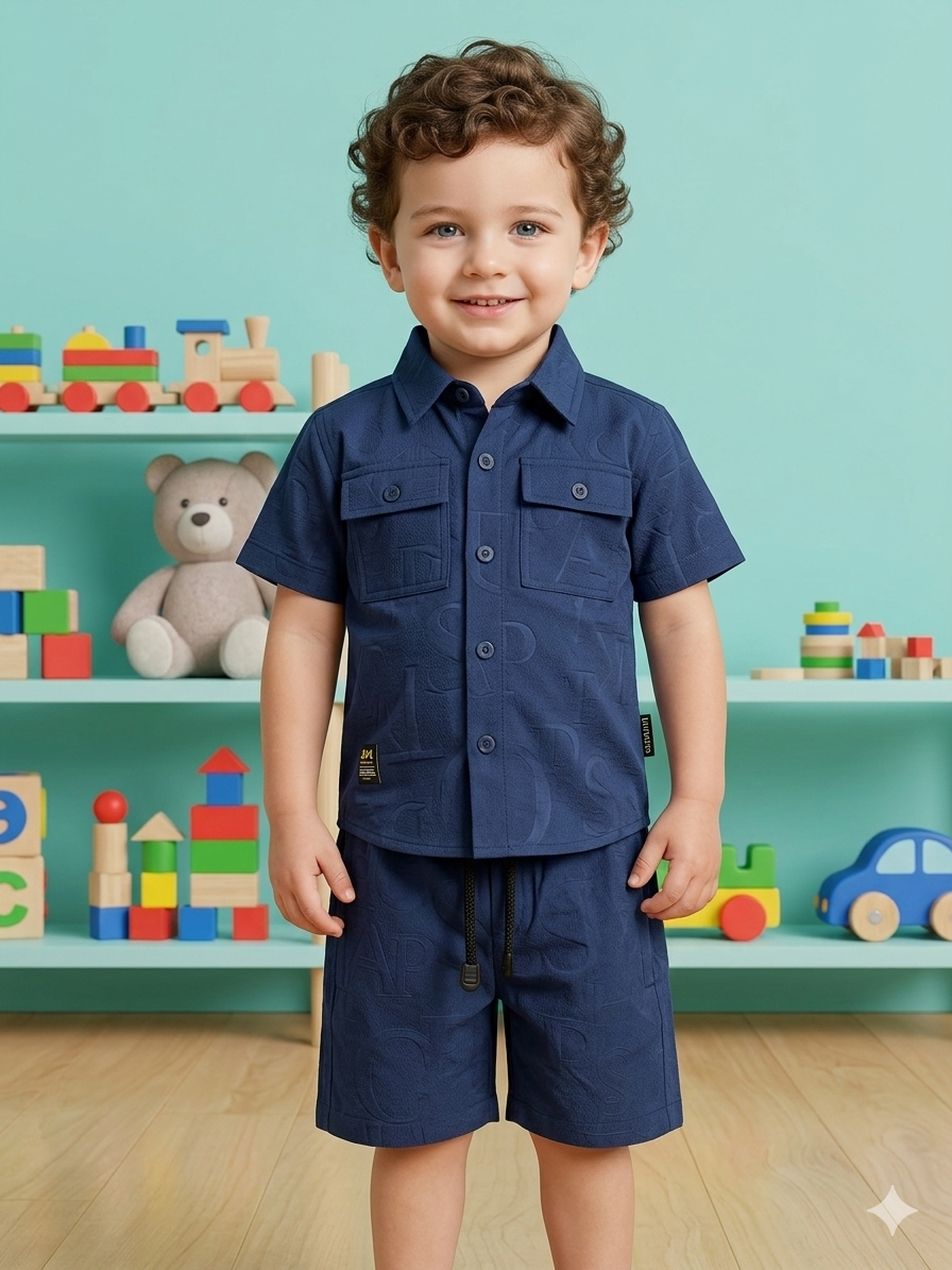 Boys Pairs Boys' Navy Blue Embossed Safari Set – Premium 2-Piece Textured Shirt & Shorts - Image 1