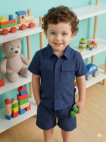 Boys' Navy Blue Embossed Safari Set – Premium 2-Piece Textured Shirt & Shorts - Image 2