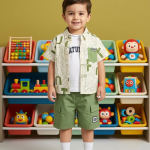 Boys' 3-Piece Sage Green Adventure Set – Urban Print Button-Up, Graphic Tee, and Sage Cargo Shorts