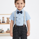 Toddler Boy Blue Gentleman Outfit | Light Blue Shirt, Plaid Shorts, Bow Tie & Suspender Set
