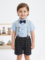 Toddler Boy Blue Gentleman Outfit | Light Blue Shirt, Plaid Shorts, Bow Tie & Suspender Set