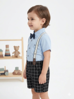 Toddler Boy Blue Gentleman Outfit | Light Blue Shirt, Plaid Shorts, Bow Tie & Suspender Set - Image 2