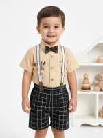 Toddler Boy 4-Piece Gentleman Outfit Set | Tan Shirt, Plaid Shorts, Suspenders & Bow Tie