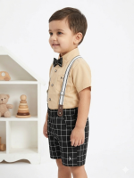 Toddler Boy 4-Piece Gentleman Outfit Set | Tan Shirt, Plaid Shorts, Suspenders & Bow Tie - Image 3