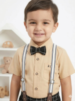 Toddler Boy 4-Piece Gentleman Outfit Set | Tan Shirt, Plaid Shorts, Suspenders & Bow Tie - Image 2