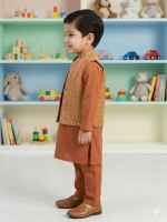 Boys' Rust Orange Kurta Pajama Set with Embroidered Waistcoat – Ethnic Festive Wear for Kids - Image 3