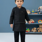 Boys' Jet Black Textured Kurta Pajama with Matching Waistcoat – 3-Piece Formal Ethnic Set