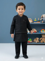 Boys' Jet Black Textured Kurta Pajama with Matching Waistcoat – 3-Piece Formal Ethnic Set