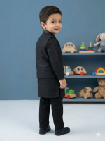 Boys' Jet Black Textured Kurta Pajama with Matching Waistcoat – 3-Piece Formal Ethnic Set - Image 2