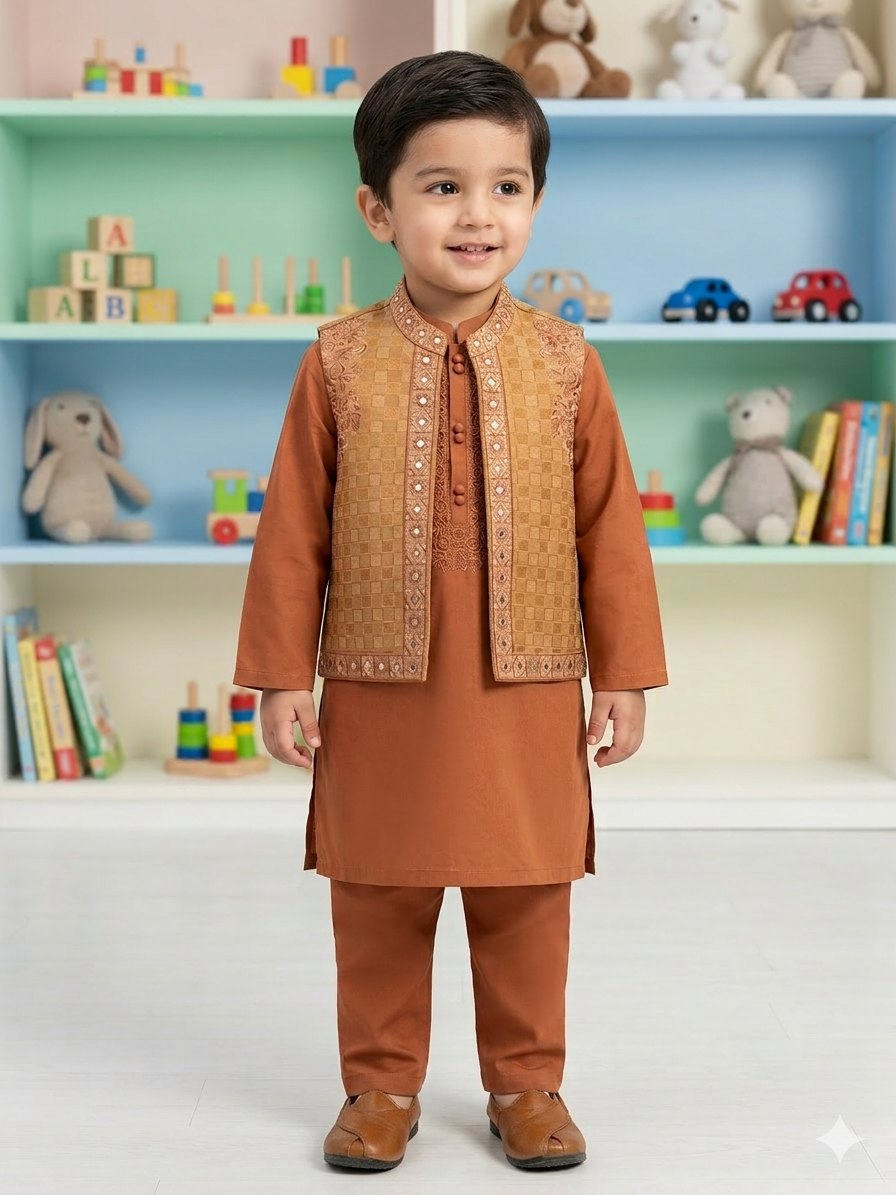 Boys' Rust Orange Kurta Pajama Set with Embroidered Waistcoat – Ethnic Festive Wear for Kids Boys' Rust Orange Kurta Pajama Set with Embroidered Waistcoat – Ethnic Festive Wear for Kids - Image 1