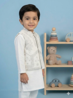 Boys' Elegant White Kurta Pajama Set with Embroidered Waistcoat - 3-Piece Ethnic Wear for Weddings & Eid - Image 3
