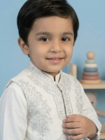 Boys' Elegant White Kurta Pajama Set with Embroidered Waistcoat - 3-Piece Ethnic Wear for Weddings & Eid - Image 2