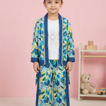 Girls' 3-Piece Floral Kimono Shrug & Wide-Leg Trouser Set – Blue & Yellow Floral