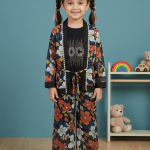 Girls' 3-Piece Dark Floral Kimono Shrug & Wide-Leg Trouser Set – Black & Rust Floral